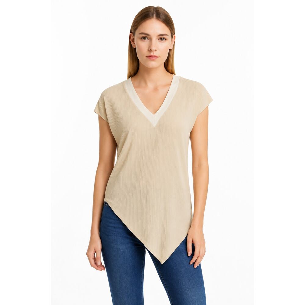 Pink Martini Women’s Asymmetrical Colorblock Ribbed Blouse Beige Size XS NWT